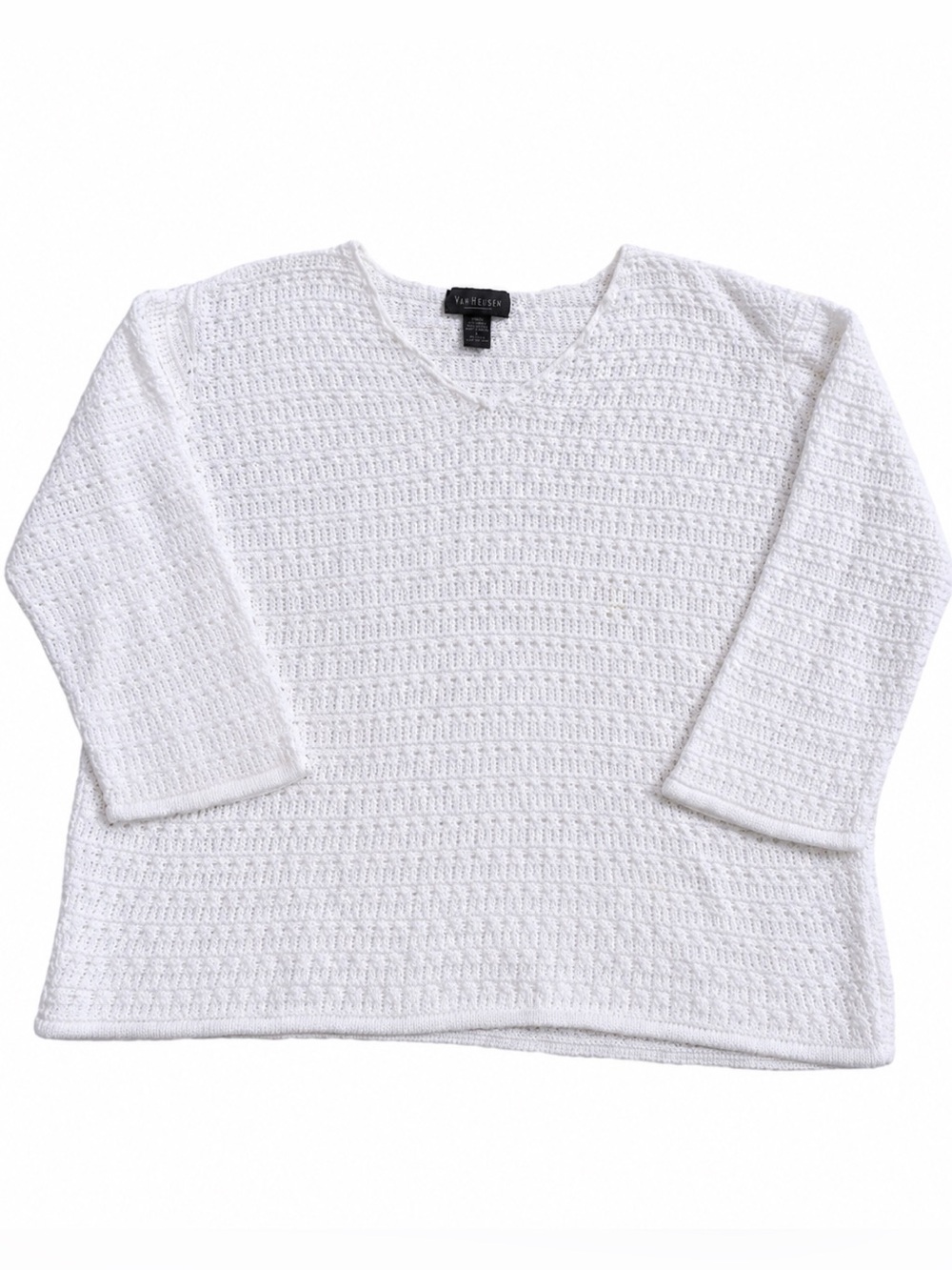 Van Heusen White Textured Knit V-Neck Sweater Womens Pullover Long Sleeve Large